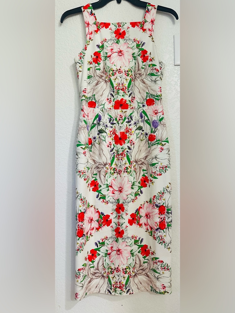 Maggy London Cream Floral Sheath Dress with Red & Pink Blooms